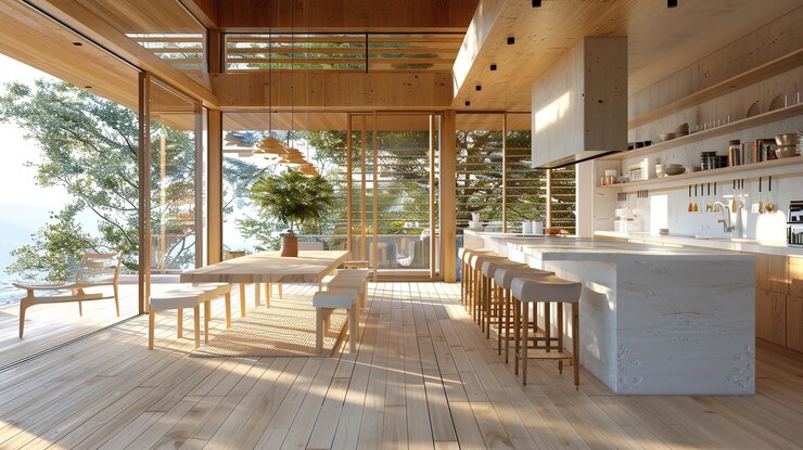 Interior de la cocina de la casa con mesa de comedor y armario