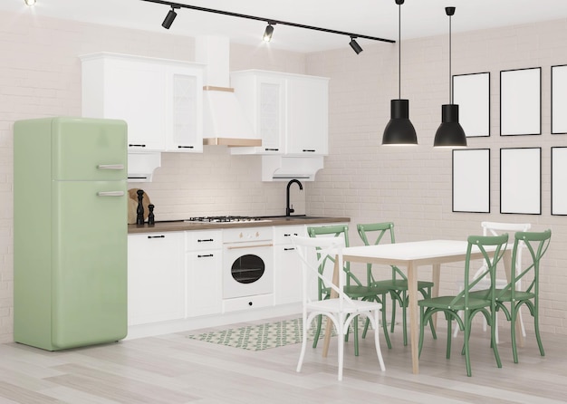 Interior con cocina clásica blanca con nevera verde y paredes de ladrillo claro. Representación 3D.