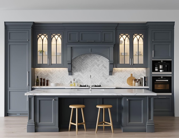 Interior de cocina clásica de renderizado 3d con mesa de mármol y decoración de gabinetes oscuros