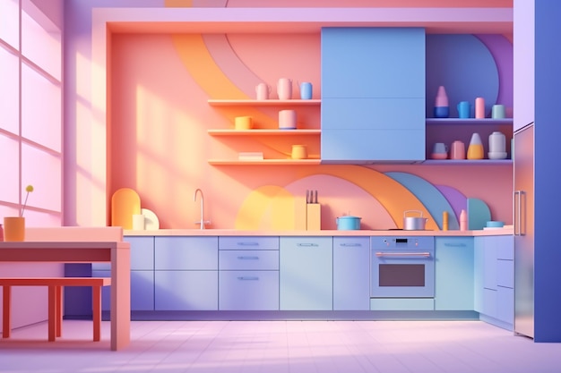 Interior de cocina con colores pastel del arco iris Ilustración colorida Colores dulces Diseño de interiores Casa de muñecas