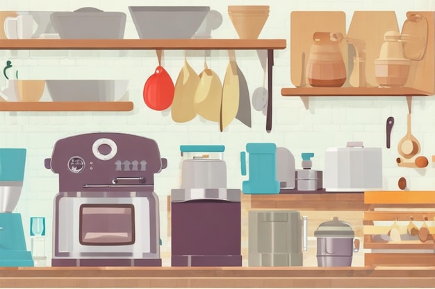 El interior de la cocina de colores retro con refrigerador, estufa, armario y platos