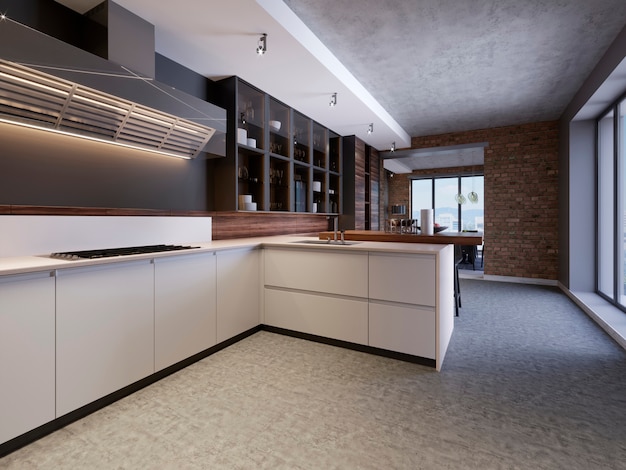 Interior de cocina elegante con gabinetes modernos en casa nueva. diseño en estilo escandinavo. cocinando comida. Encimera, fregadero y estufa de madera. Representación 3d