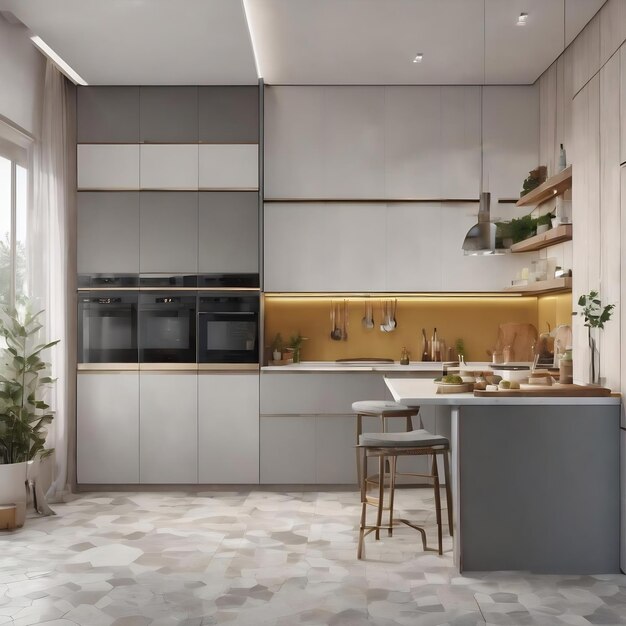 Interior de cocina elegante con paredes blancas patrón hexagonal piso encimeras blancas con construido