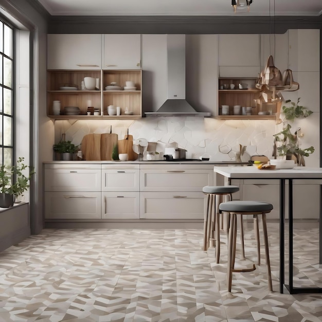 Interior de cocina elegante con paredes blancas patrón hexagonal piso encimeras blancas con construido