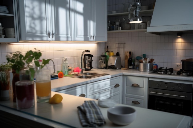 El interior de la cocina es blanco, moderno y de alta tecnología.