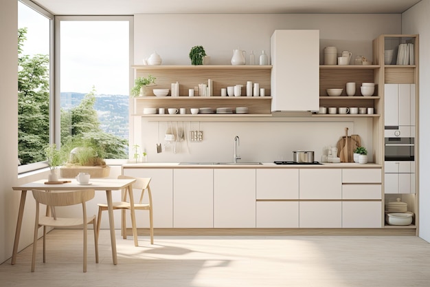 Un interior de cocina escandinava ligero y simplista está adornado con muebles blancos, incluidos utensilios