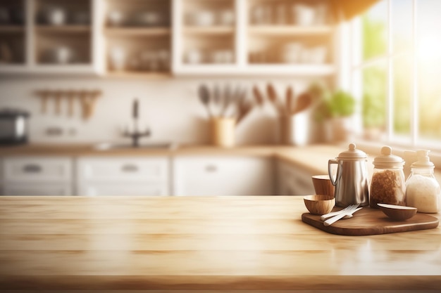 Interior de cocina con espacio para copiar y una mesa de madera superpuesta