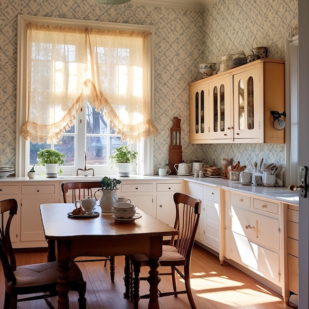 Interior de cocina de estilo clásico con mesa, sillas y armario de madera.
