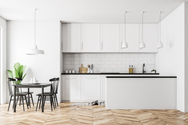 Interior de cocina de estilo escandinavo blanco con paredes blancas, suelo de madera, encimeras y armarios blancos y una mesa con sillas. maqueta de renderizado 3d