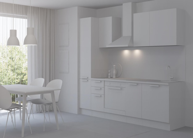 Interior de cocina en un estilo moderno. Interior gris. Representación 3D.