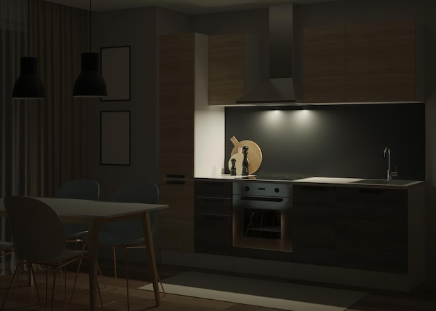 Interior de cocina en un estilo moderno. Noche. Iluminación nocturna. Representación 3D.