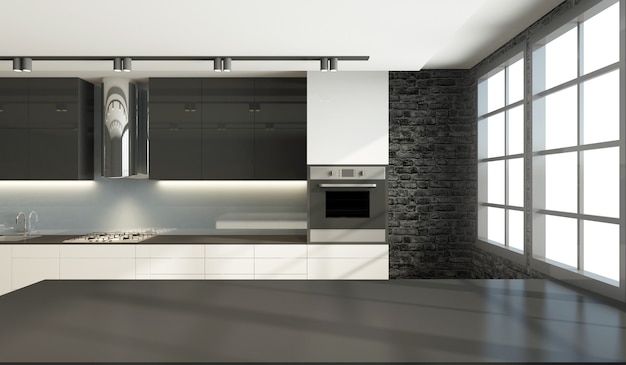 Interior de cocina de estilo moderno en tonos blanco y negro con grandes ventanales