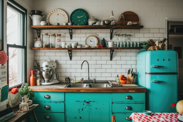 Interior de cocina de estilo retro con gabinetes de azul azulado y electrodomésticos antiguos