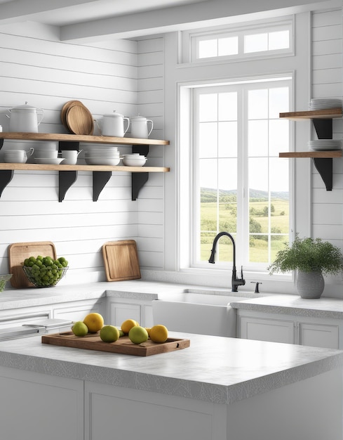 Foto interior de la cocina de la granja 3d renderizado modelo de marco blanco