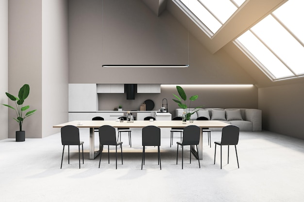 Interior de cocina de loft moderno con ventana y muebles de suelo de hormigón de luz natural y mesa de comedor 3D Rendering