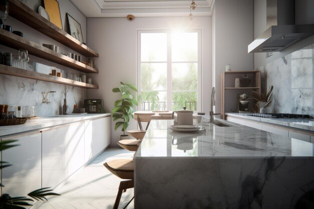 Interior de cocina de lujo con un diseño moderno y elegante con una amplia encimera de mármol y elegantes taburetes de madera AI Generative
