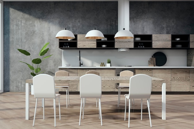 Interior de cocina de lujo de hormigón y madera con muebles y equipos Rendering 3D
