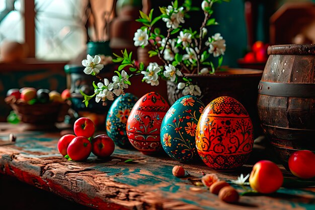 El interior de una cocina de madera de campo con decoraciones de Pascua