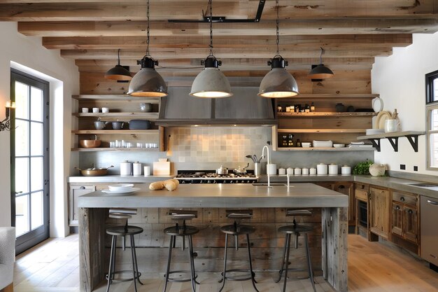 Interior de cocina de madera de casa de campo moderna contemporánea con grandes ventanas panorámicas