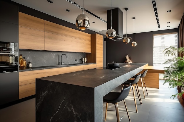interior de cocina minimalista moderno decorado con material de roble de acero inoxidable de hormigón de mármol
