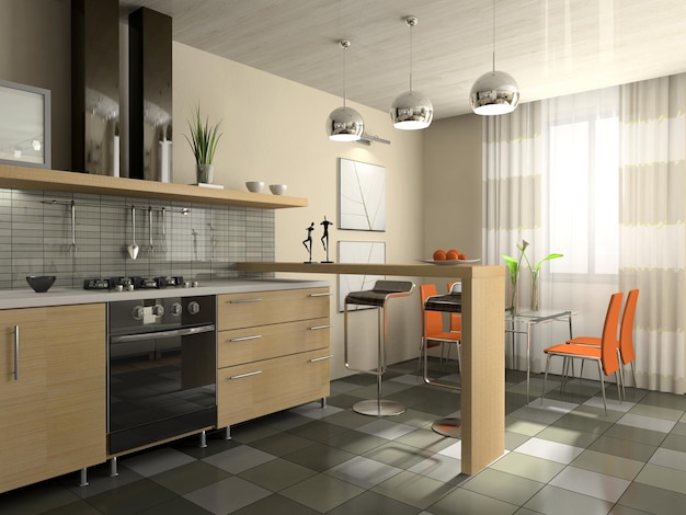 Interior de cocina de moda renderizado 3D