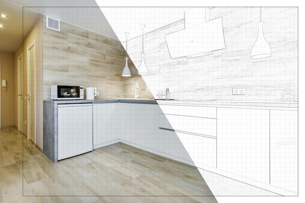 Interior de cocina moderna en apartamento plano de estilo minimalista con dibujo dividido desde la idea hasta la implementación del producto terminado