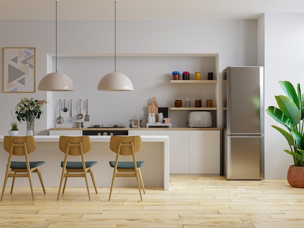 Interior de cocina moderna y cómoda con detalles de madera y blanco renderizado 3d