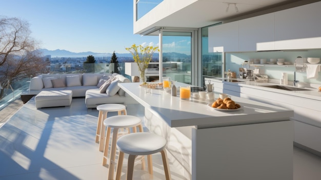 Foto interior de cocina moderna completamente blanca en una villa de lujo con fachadas planas y isla de cocina con