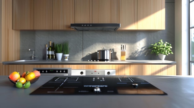 interior de una cocina moderna con encimera de mármol blanco y cocina de gas