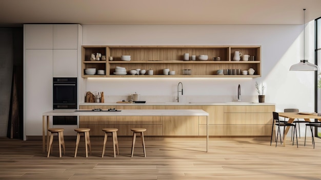 El interior de la cocina moderna es blanco y de madera.