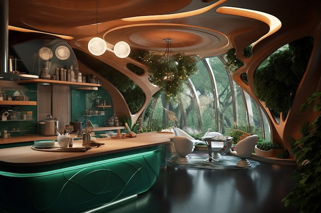 Foto interior de una cocina moderna y futurista con plantas verdes ilustración generativa ai