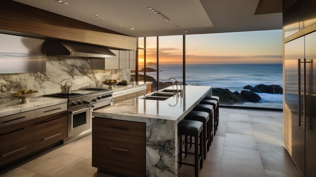 Interior de cocina moderna de lujo con vista al mar AI generativa