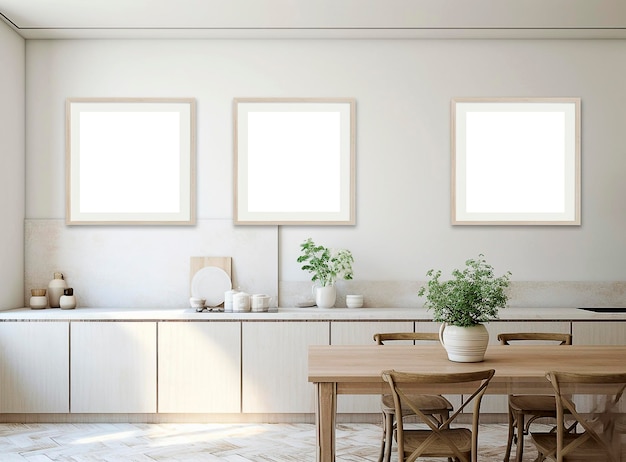 Interior de cocina moderna con marcos de fotos en blanco generados por ai