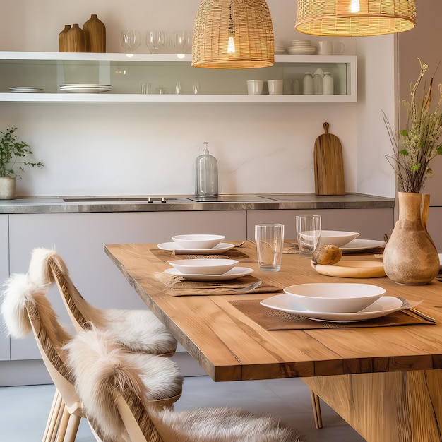 Interior de una cocina moderna con mesa y sillas de madera