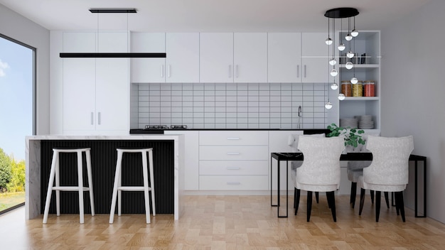 Foto interior de cocina moderna con muebles. representación 3d