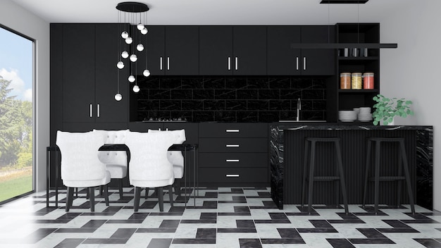 Interior de cocina moderna con muebles. Representación 3d