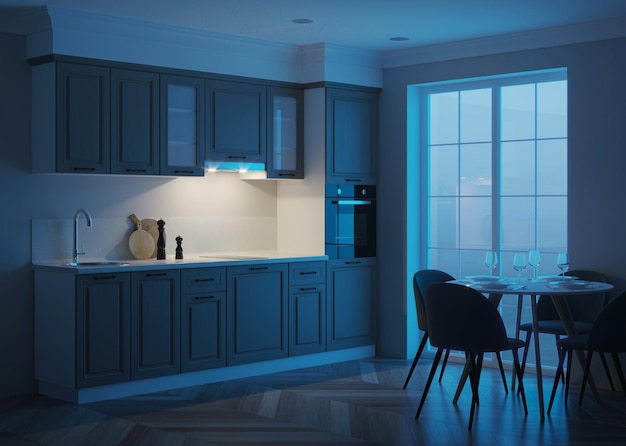 Interior de cocina moderna. Noche. Iluminación nocturna. Representación 3D.