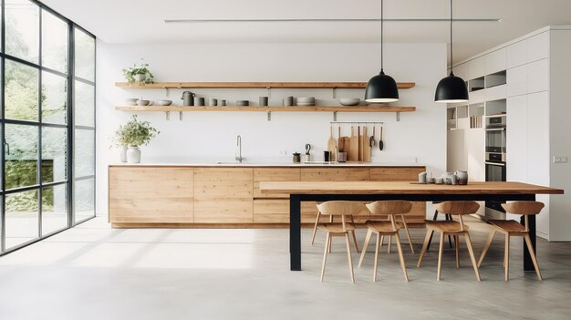 Interior de una cocina moderna con paredes blancas, piso de hormigón, armarios de madera y encimeras de madera