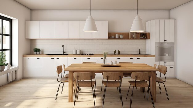 Interior de una cocina moderna con paredes blancas, piso de hormigón, armarios de madera y encimeras de madera