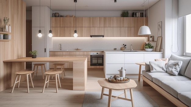 Interior de cocina moderna con paredes blancas, suelo de madera, armarios blancos y armarios de madera, ai generativo