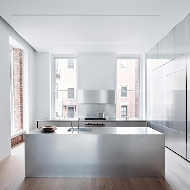 Interior de cocina moderna con paredes blancas, suelo de madera, encimeras blancas y armarios blancos