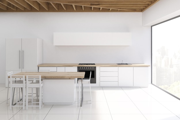Interior de cocina moderna con paredes blancas, ventana panorámica, encimera y mesa con nevera. Representación 3D. Bosquejo.