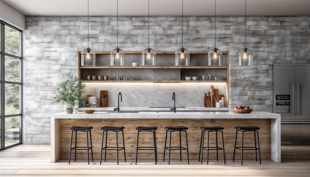 Interior de una cocina moderna con paredes de ladrillo blanco, piso de madera, encimeras de hormigón y bar con estofado