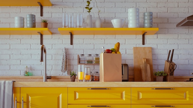 Interior de cocina moderna con renderizado 3d de muebles de colores vivos