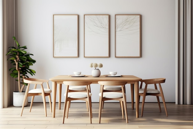 El interior de una cocina moderna y sala de estar con mesa de comedor y marcos o