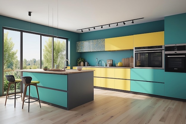 Interior de cocina moderno con armarios de colores brillantes ventana con vista al jardín renderización 3d