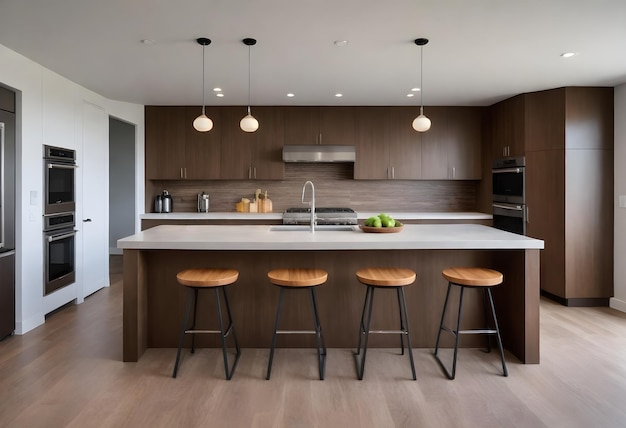 Interior de cocina moderno con armarios de madera, electrodomésticos incorporados, una isla con fregadero y bar