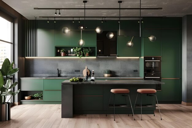 Interior de cocina moderno en colores verde oscuro y elementos de hormigón