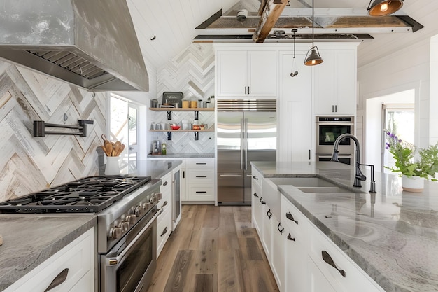 Foto interior de cocina moderno contemporáneo en colores gris oscuro y elementos de hormigón