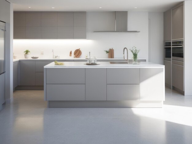 Interior de cocina moderno con diseño minimalista limpio con armarios blancos